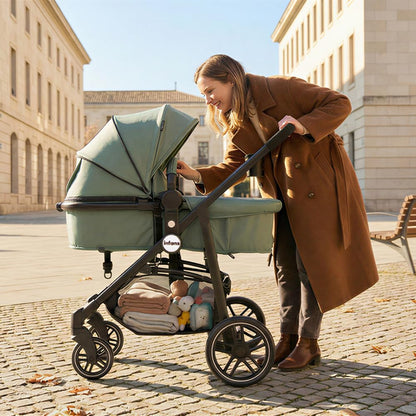 INFANS 2 in 1 Baby Stroller, High Landscape Infant Stroller & Reversible Bassinet Pram, Foldable Pushchair with Adjustable Canopy, Storage Basket, Cup Holder, Suspension Wheels (Black)