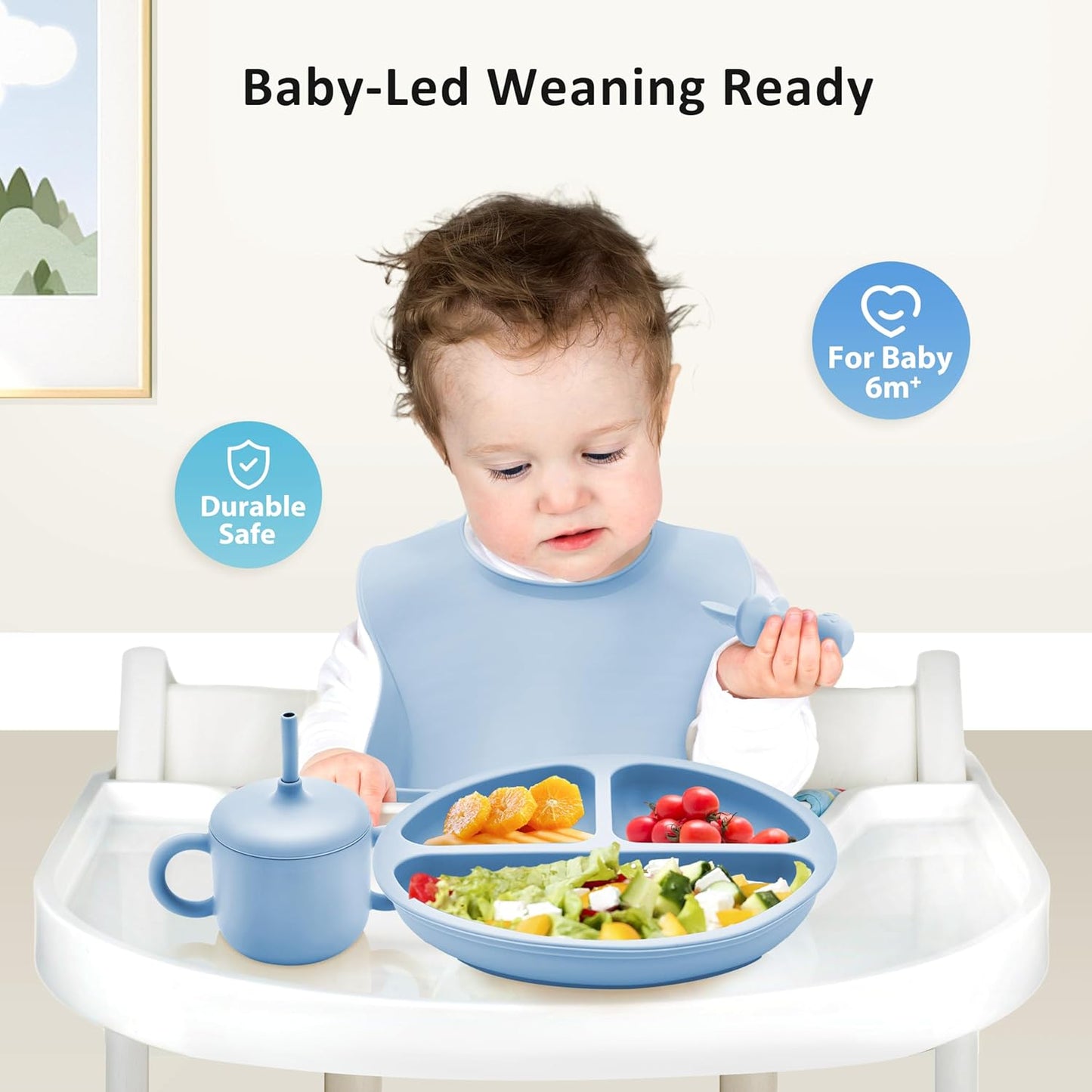 Bufims Silicone Baby Feeding Set, Baby Led Weaning Supplies, Eating Essentials Utensils with Suction Plate and Bowl, Pocket Bib, Sippy Cup with Lid, Forks Spoons Snack Container, for 6+ Months, Green