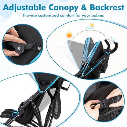 BABY JOY Double Umbrella Stroller, Lightweight Travel Side by Side Twin Stroller with Large Storage, Cup Holder, 5-Point Safety Harness, Adjustable Canopy & Compact Fold for Infant and Toddler (Black)