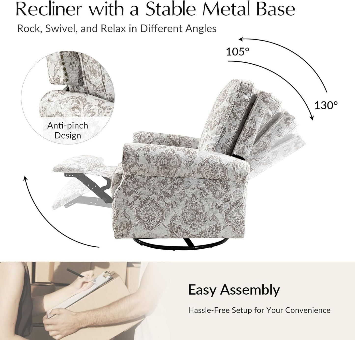 HULALA Home Modern Rocker Recliner, Printed Fabric Swivel Glider with Adjustable Backrest & Footrest, JEACOBEAN
