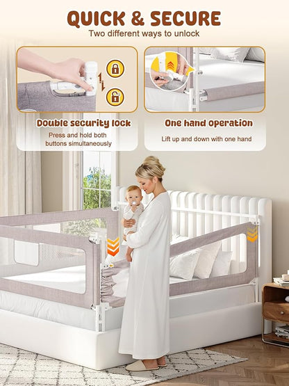 VBABY 3-Piece King Size Bed Rails for Toddler, Adjustable Height Baby Bed Rail Guard, Reinforced Bed Protection Fence for Baby, Grey, 74.8 x 78.7 x 78.7 in