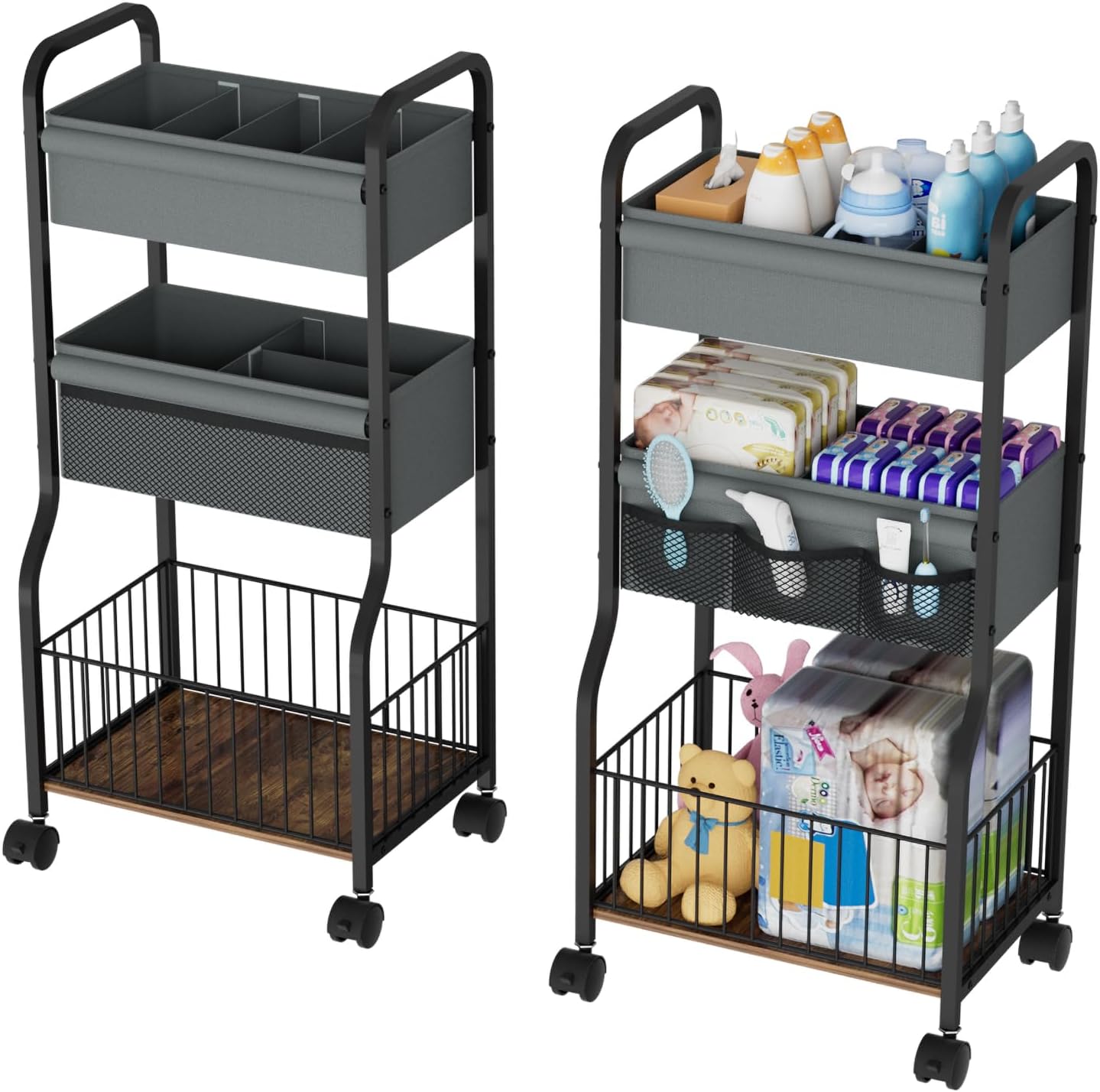 3-tier Baby Diaper Caddy Organizer and Storage Cart with 4+3 Dividers, Metal Utility Cart with Lockable Wheels for Nursery, Bedroom, Bathroom, White