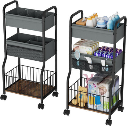 3-tier Baby Diaper Caddy Organizer and Storage Cart with 4+3 Dividers, Metal Utility Cart with Lockable Wheels for Nursery, Bedroom, Bathroom, White