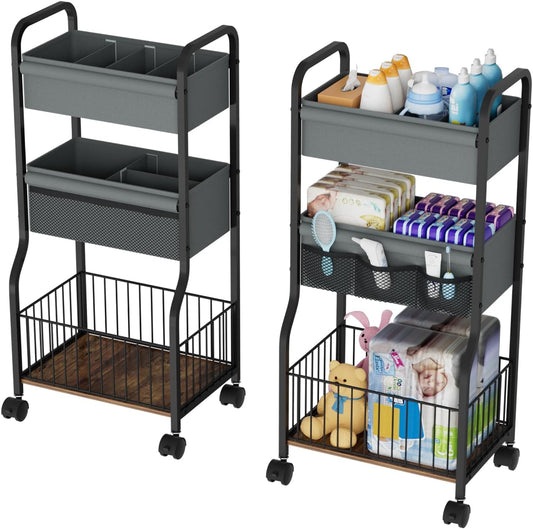 3-tier Baby Diaper Caddy Organizer and Storage Cart with 4+3 Dividers, Metal Utility Cart with Lockable Wheels for Nursery, Bedroom, Bathroom, White