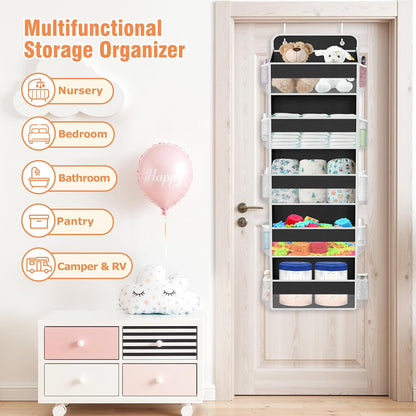 WISELIFE Over The Door Organizer Storage 4 Shelves Large Capacity Hanging Bedroom Storage Solution with 6 Side Pockets for Dorm Bathroom Pantry Nursery and Baby Essentials Holds up to 40 Lbs (Black)