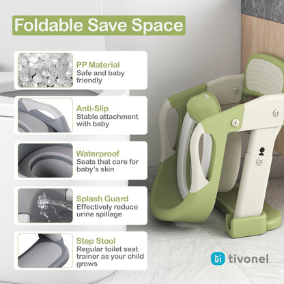 3-in-1 Toddler Potty Training Toilet Seat with Ladder | Foldable Toilet Potty Training Seat with Step Stool Ladder | 5-Level Adjustable Height | Soft Cushion, Splash Guard & Anti Slip Pad