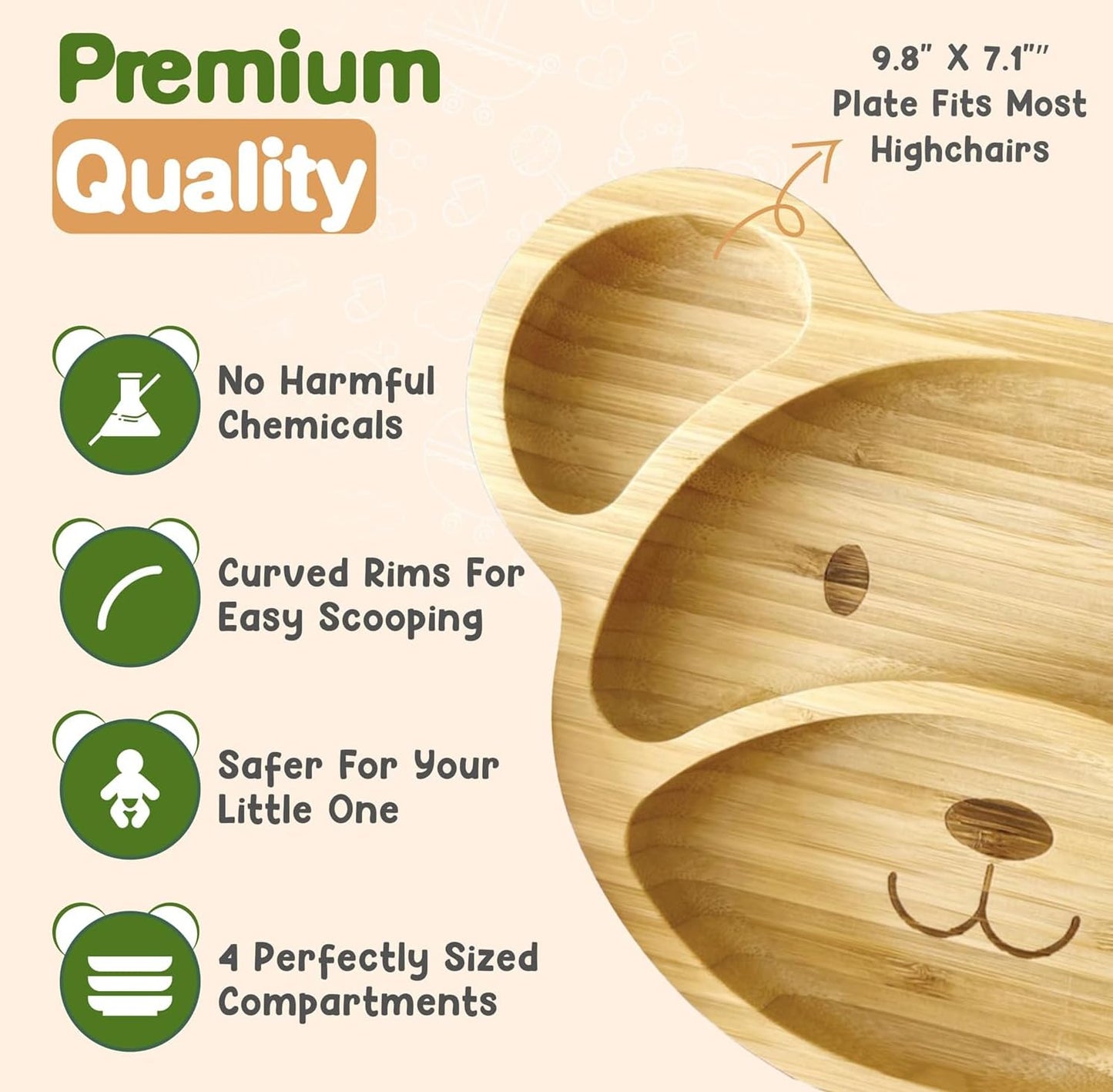Bamboo Plates for Kids - Baby & Toddler Plates with Suction for Feeding & Weaning, Eco-Friendly Bear Design Promotes Self-Feeding, Ideal for Busy Moms & Dads, Sturdy & BPA-Free (Pink)