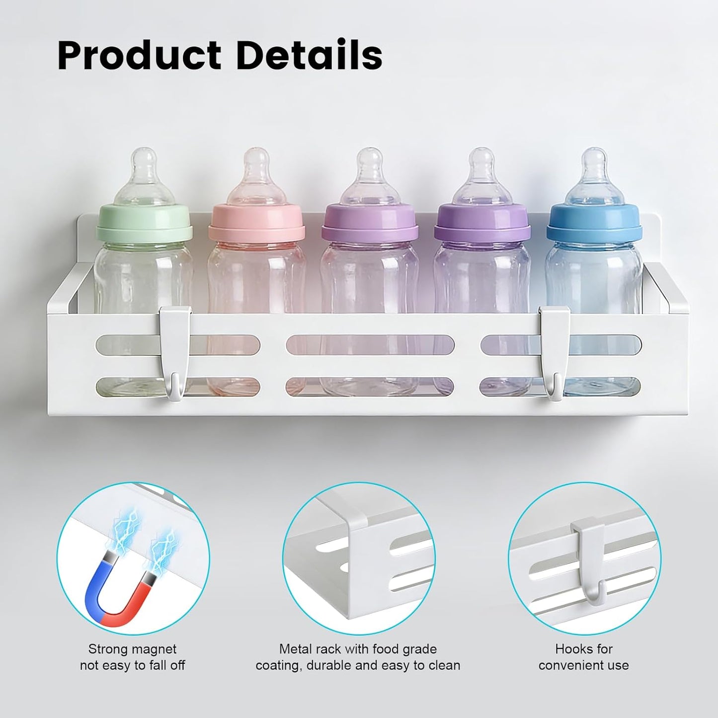 4 Pack Magnetic Baby Bottle Organizer for Refrigerator, Bottle Organizer Rack with 8 Hooks, Storage for Baby Bottles, Pacifiers, and Brushes, Also Suitable Stanley Cup Storage
