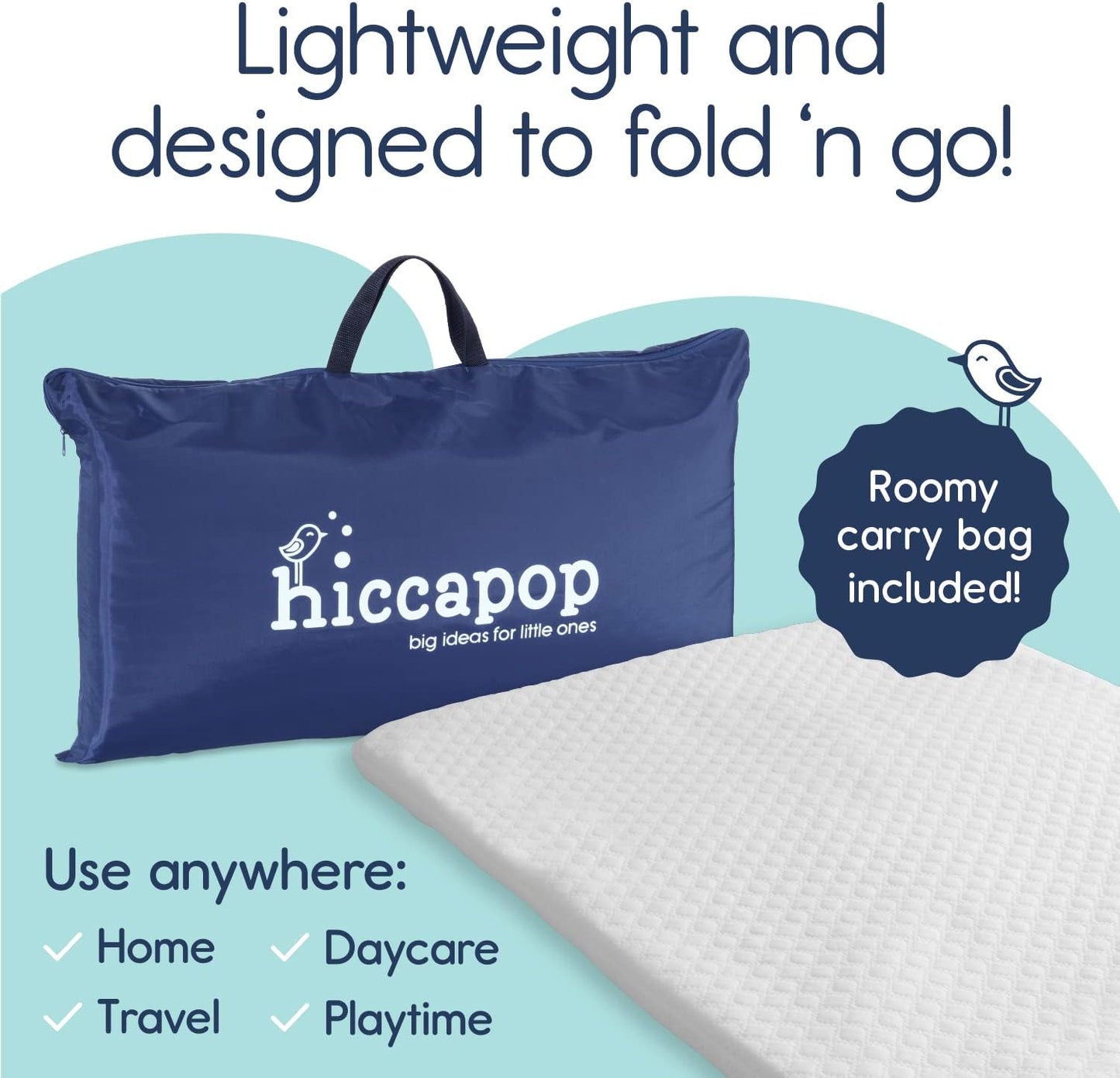 Hiccapop Playard Mattress Pad (38"x26"x1"), Playpen Pad, Portable Crib Mattress with Carry Bag, 1" Thick