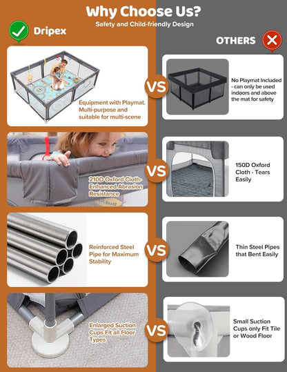 Dripex Baby Playpen, 47"x47" Small Playpen for Babies, Enhanced Safety Baby Play Yard for Indoor & Outdoor, Infant Play Pen with Soft Breathable Visible Mesh, Anti-Fall Design & Easy Setup, Grey