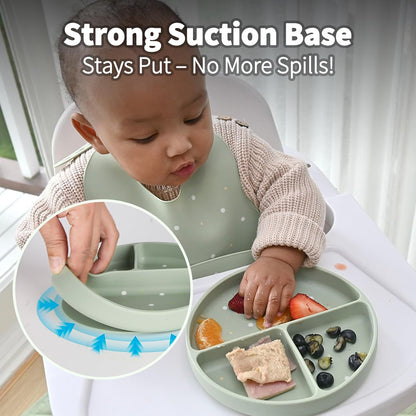 Little Rawr Baby Led Weaning Bundle, 100% Silicone Baby Feeding Set Includes Divided Plate, Suction Bowl, Straw Cup, Bib, Spoon & Fork, Develops Self Feeding Skills, Dishwasher Safe (Blue)