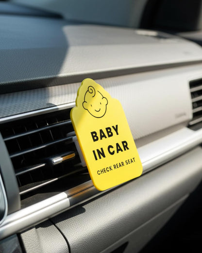 Baby in Car Reminder Vent Clip - Removable Clip-On Sign for Infant Car Safety - Bright Yellow Portable Lightweight Handmade Baby in Vehicle Reminder