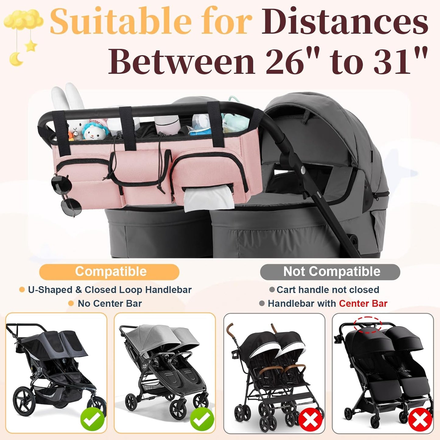 GDNasist Double Stroller Organizer Compatible with Bob Duallie and Baby Jogger City Mini GT2, Double Baby Stroller Accessories with Cooler Bag, Parent Console Double Jogging Stroller Caddy, Black
