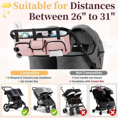 GDNasist Double Stroller Organizer Compatible with Bob Duallie and Baby Jogger City Mini GT2, Double Baby Stroller Accessories with Cooler Bag, Parent Console Double Jogging Stroller Caddy, Black