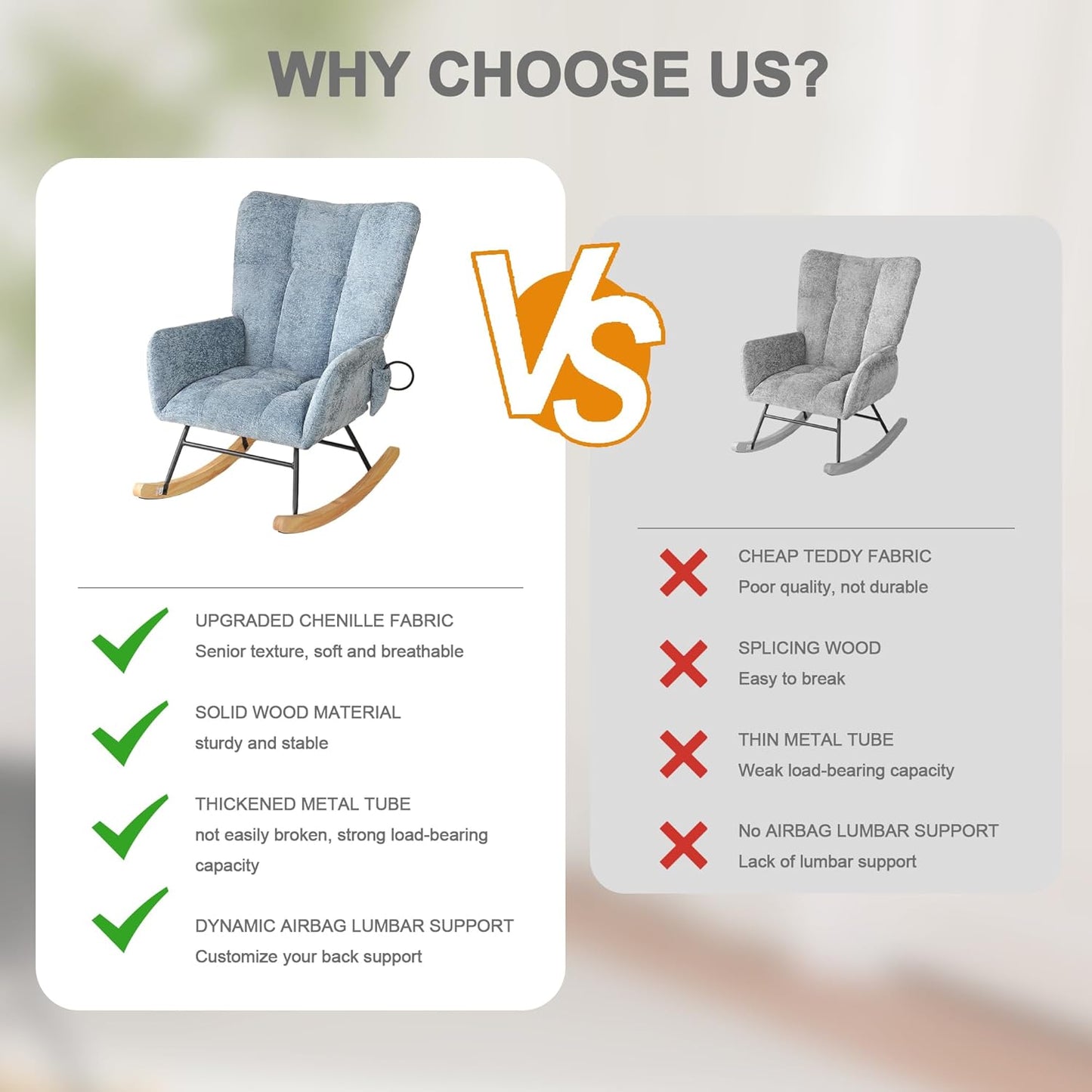 Rocking Chair Nursery with Airbag, Comfy Modern Nursery Rocking Reading Chair indoor with Footrest, Cozy Upholstered Glider Rocker Chairs for Living Room Bedroom Offices(Chenille, Dark Grey)
