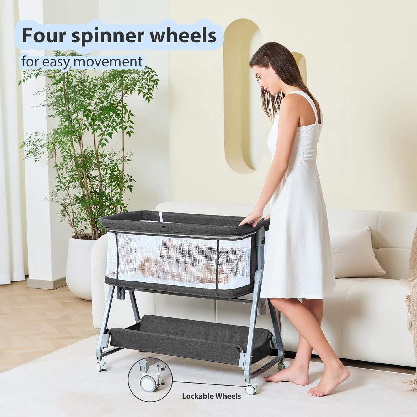 3-in-1 Baby Bassinet Bedside Sleeper with Wheels Bedside Bassinet for Newborn and Infant with Mattress and Storage Basket | Adjustable Height & Angle (13.5-18") | ASTM/CPSIA Certified (Pink)