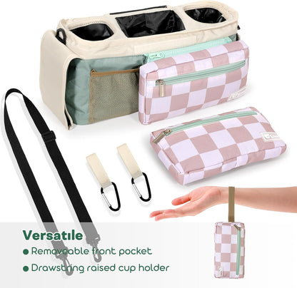 Universal Stroller Organizer with Insulated Cup Holders and Detachable Phone Bag,Stroller Caddy Fits for Stroller Accessories like Uppababy, Baby Jogger, Doona, Nuna Stroller (Green Square grid)