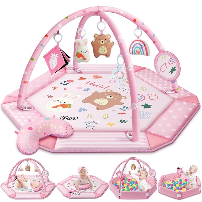 Baby Gym Play Mat, 8-in-1 Tummy Time Mat & Ball Pit with 6 Toys, Washable Baby Activity Mat for Visual, Hearing, Sensory, Motor Development, Babies Gift for Newborn Infant 0-3-6-9-12 Months (Pink)