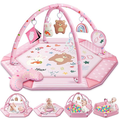 Baby Gym Play Mat, 8-in-1 Tummy Time Mat & Ball Pit with 6 Toys, Washable Baby Activity Mat for Visual, Hearing, Sensory, Motor Development, Babies Gift for Newborn Infant 0-3-6-9-12 Months (Pink)