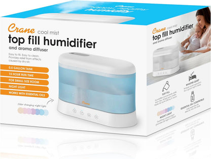 Crane 0.7 Gallon Top Fill Cool Mist Humidifier and Aroma Diffuser, with Color-Changing Night Light and Aroma Diffuser Function, Humidifier For Bedroom, Office or Nursery