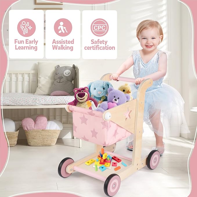 Asweets 2 in 1 Wooden Baby Walker Push and Pull Doll Stroller, Shopping Cart Learning Walker for Boys and Girls, Sit Stand Learning Toddler Toy (Pink)