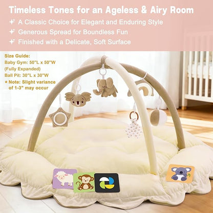 5-in-1 Baby Activity Gym & Play Mat with 6 Hanging Toys, Tummy Time Mat & Cards - Extra Large, Reversible Machine Washable Pad - Gift for Newborns, Infants 0-12 Months, Cream