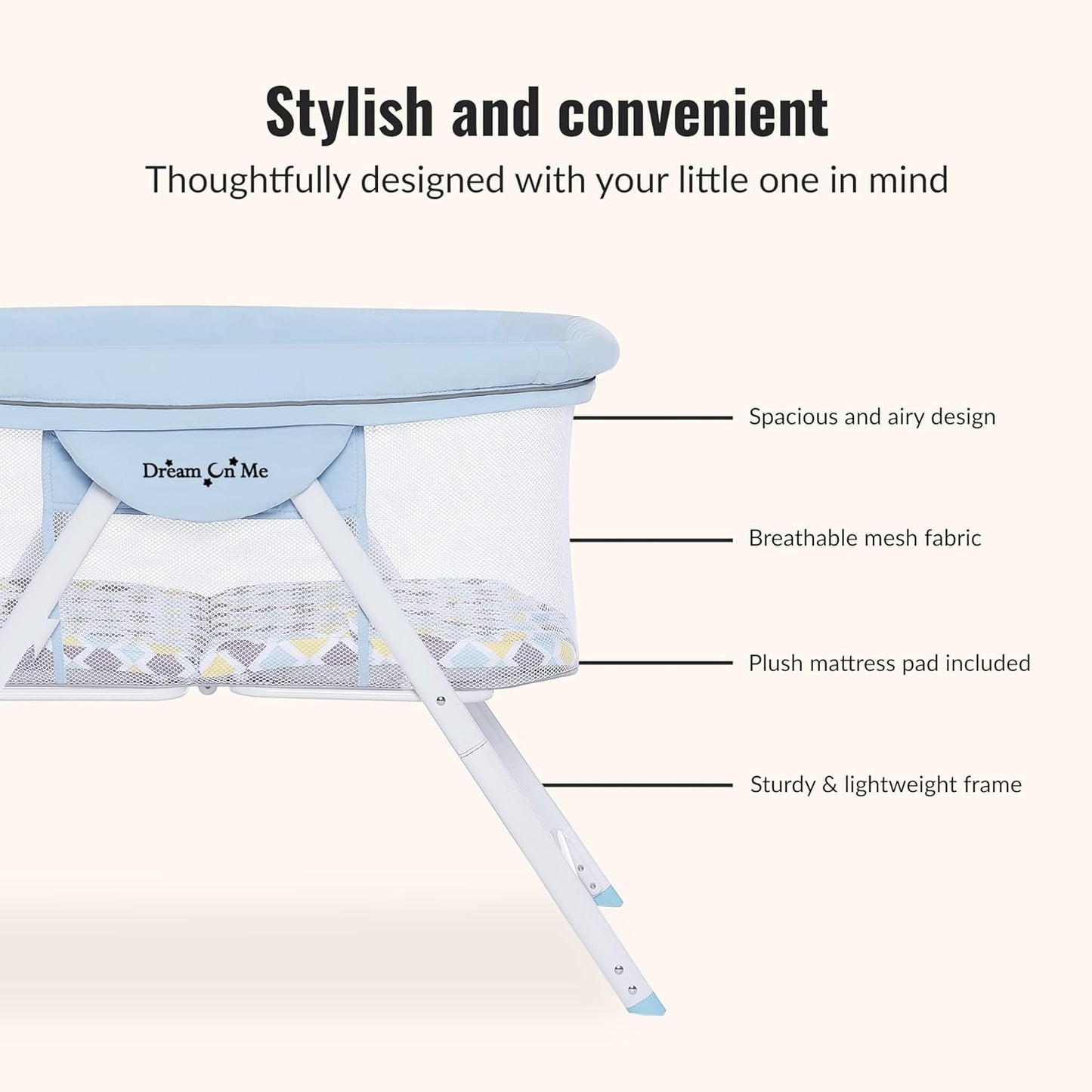 Dream On Me Poppy Traveler Portable Baby Bassinet, Breathable Mesh Airflow Panels, Compact and Lightweight, Quick Fold Travel Friendly Design, Anti-Slip Legs, Travel Bag and Mattress Included- Blue