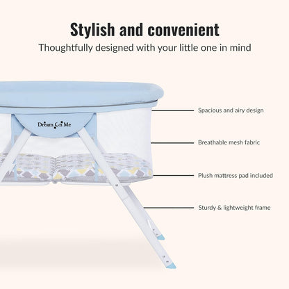 Dream On Me Poppy Traveler Portable Baby Bassinet, Breathable Mesh Airflow Panels, Compact and Lightweight, Quick Fold Travel Friendly Design, Anti-Slip Legs, Travel Bag and Mattress Included- Blue