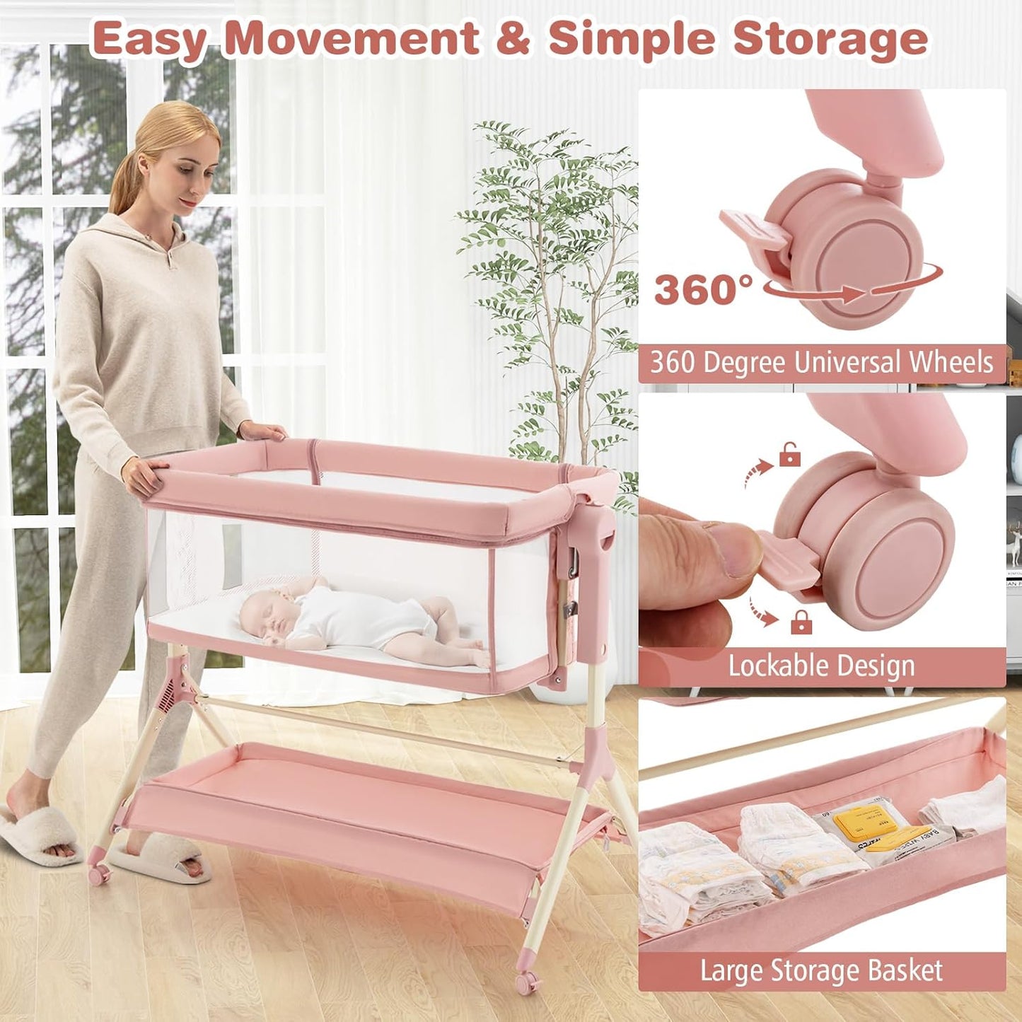 BABY JOY Bassinet Bedside Sleeper, Easy Folding Baby Crib w/All-Side Mesh, Storage Shelf, 7 Adjustable Heights, Mattress & Travel Bag for Safe Co-Sleeping, Portable Baby Bed for Newborn Infant -Gray