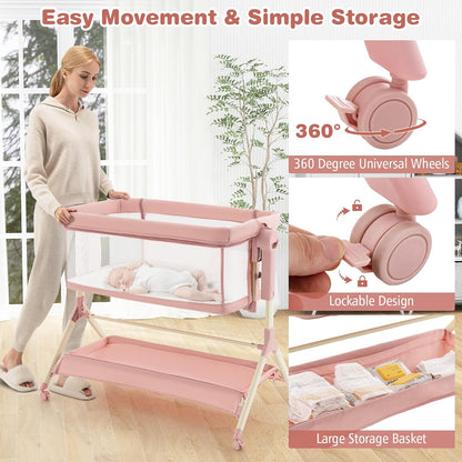 BABY JOY Bassinet Bedside Sleeper, Easy Folding Baby Crib w/All-Side Mesh, Storage Shelf, 7 Adjustable Heights, Mattress & Travel Bag for Safe Co-Sleeping, Portable Baby Bed for Newborn Infant -Gray