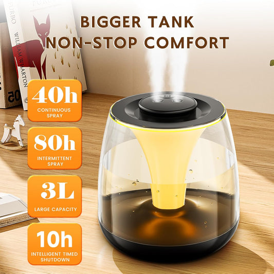 Humidifiers for Bedroom, 3 L Cool Mist Top-Fill 40H Super Long Time, 23dB Quiet, Baby Humidifier, Oil Diffuser for Large Room, Plants, Nursery, Office, Colored lights (white)