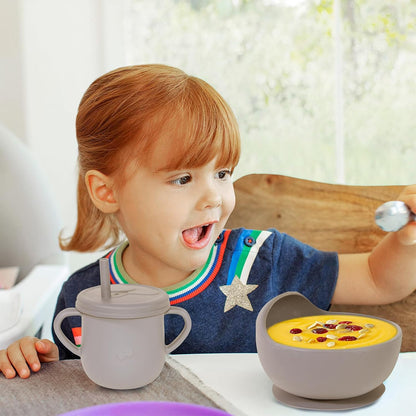 100% Silicone Baby Feeding Set, BPA Free Baby Dishes with Suction Bowl, Divided Plate, Toddler Self Feeding Dish Set with Spoons, Forks, Sippy Cup and Bib, Baby Eating Utensils (Navy Blue)