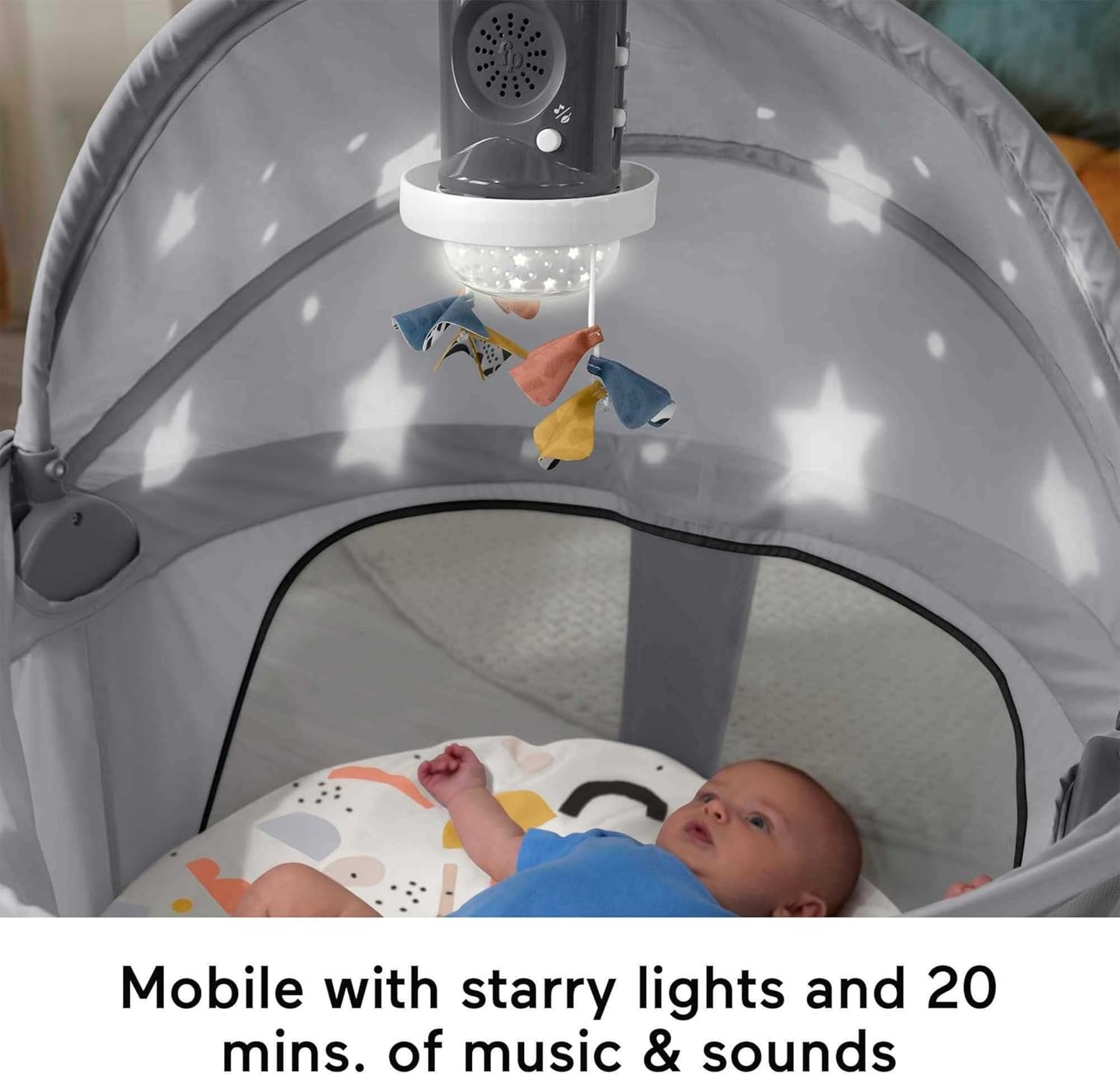 Fisher-Price Portable Baby Bassinet and Play Space Deluxe On-the-Go Projection Dome with Lights Music and Canopy, Cool Hues