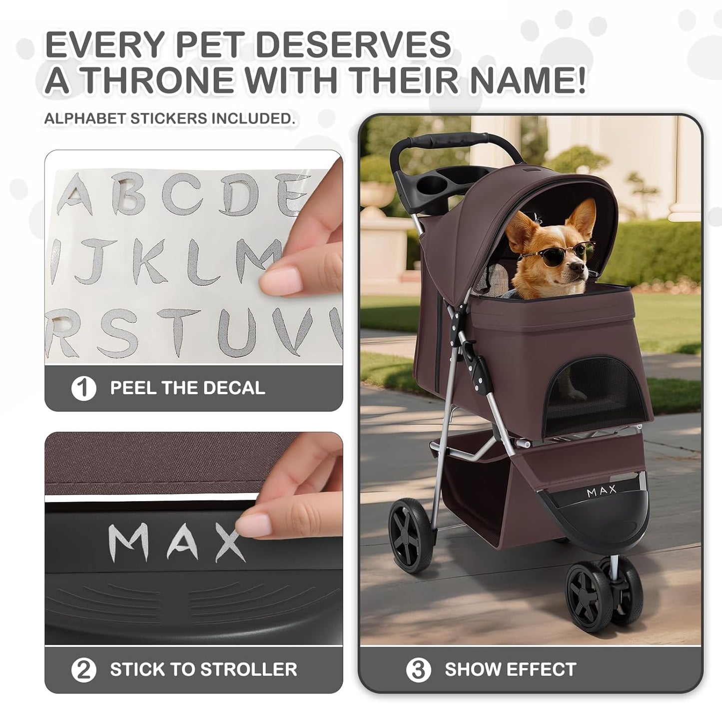 MoNiBloom Foldable Pet Stroller with Weather Cover, 3 Wheels Pet Strolling Cart for Small/Medium Dogs and Cats with Storage Basket and Cup Holder, Breathable and Visible Mesh for All-Season, Black