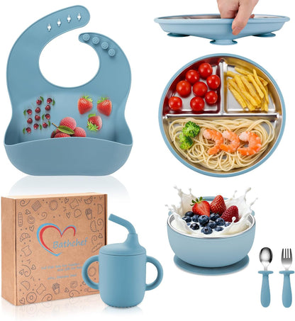 Toddler Plates and Bowls Set Stainless Steel - Bathchef Baby Feeding Set Strong Suction, BPA Free Durable Divided Plates, Safe Self Baby Feeding Utensils,Cup,Spoon,Fork,Dishwasher Safe,6pcs,Pink