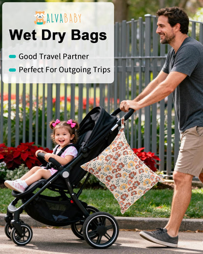 ALVA ALVABABY 3 Cloth Diaper Wet Dry Bags Waterproof Reusable with Two Zippered Pockets Travel Beach Pool Daycare Soiled Baby Items Yoga Gym Bag for Swimsuits or Wet Clothes Small medium Large - Colors A