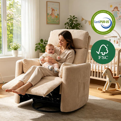 Oversized Swivel Rocker Recliner Chair with Heat and Massage, Rocking Chair with Adjustable Headrest, Manual Recliner, Glider Recliner with 2 Pillows, Chenille White