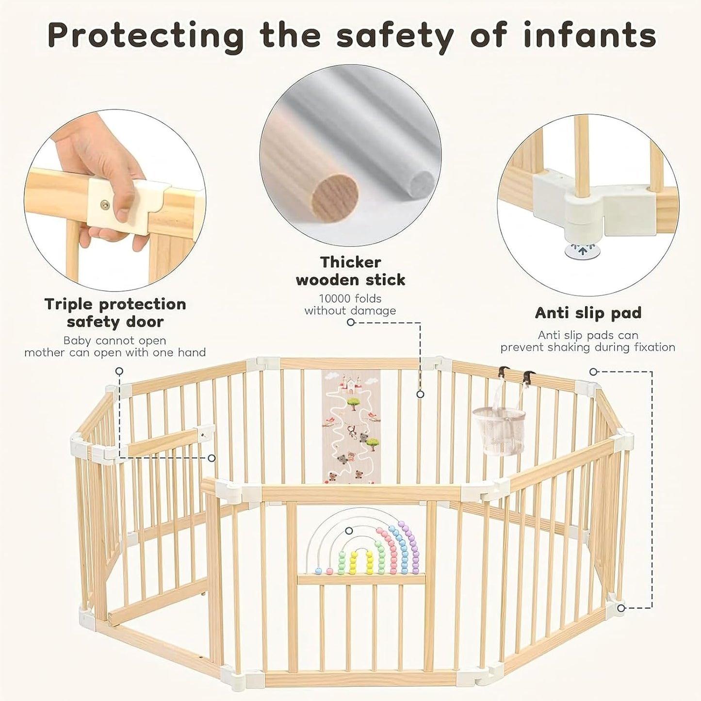 Ulnxiy Foldable Wooden Baby Playpen Activity Center,Adjustable Size & Shape Portable Play Yard, Baby Fence Play Area with Gate for Indoor Use for Babies and Toddlers(84x56x24inches)