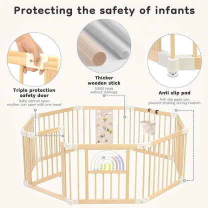 Ulnxiy Foldable Wooden Baby Playpen Activity Center,Adjustable Size & Shape Portable Play Yard, Baby Fence Play Area with Gate for Indoor Use for Babies and Toddlers(84x56x24inches)