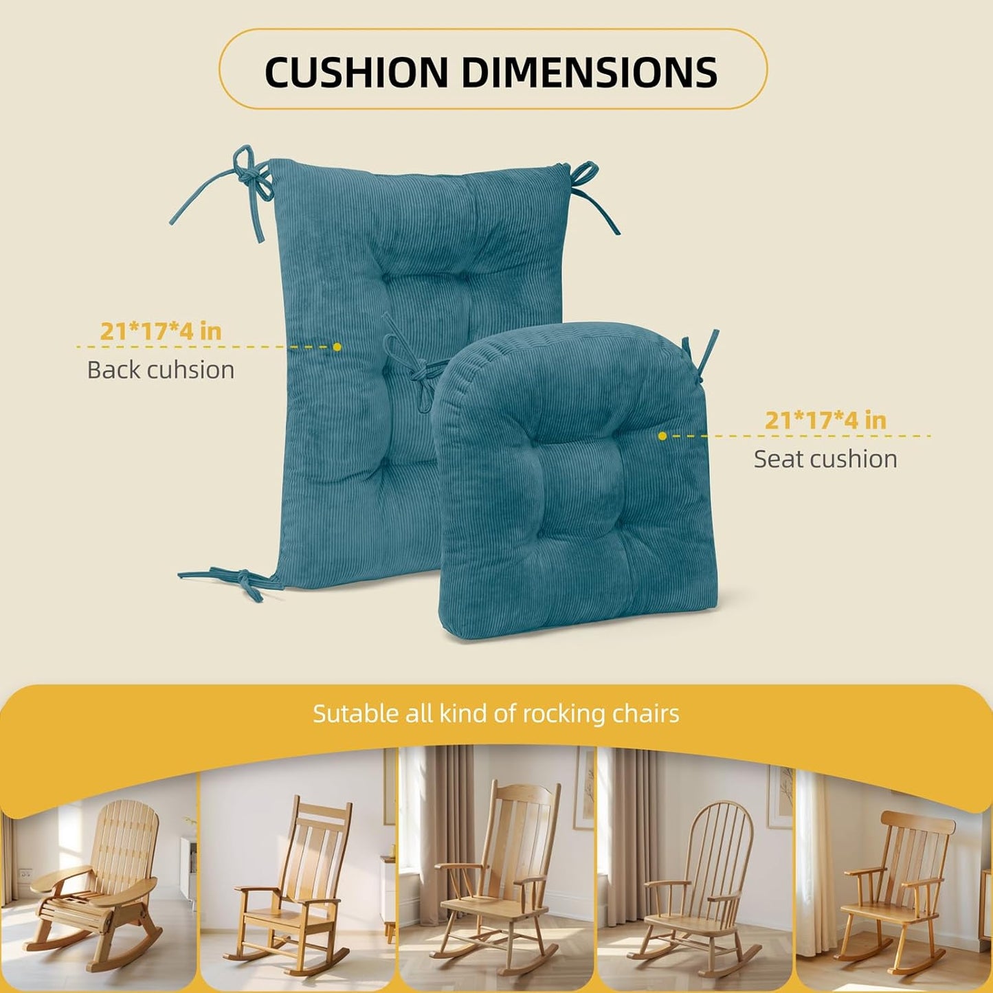 Millsilo Rocking Chair Cushions 3-Piece Set with Neck Pillow, Indoor Rocker Comfortable Tufted Non-Slip Pads with Ties, High-Density Foam Cushion for Adirondack Glider Chair, Orange, 52 x 19 x 4 Inch