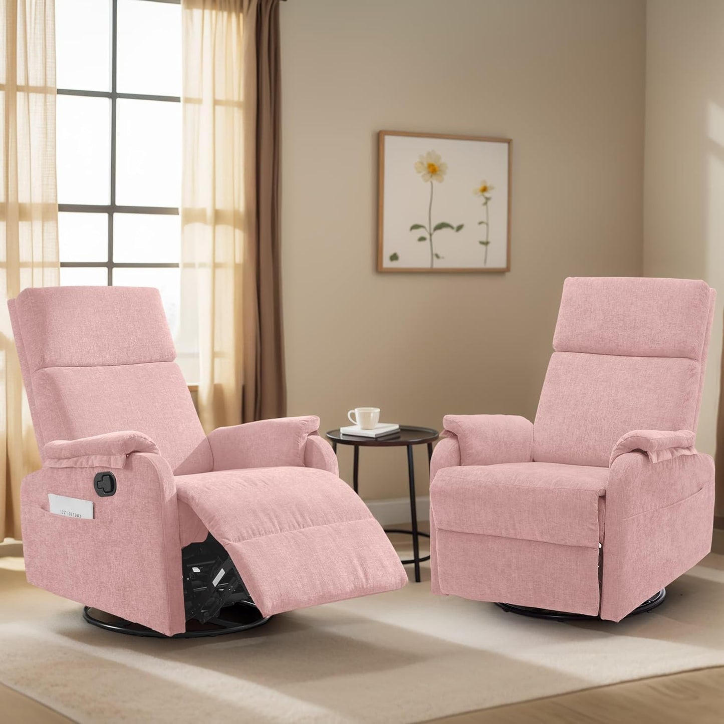 Korser Recliner Chair, Swivel Rocking Recliner Chair for Adults, Glider Rocking Chair, Small Nursery Chair Recliner for Living Room, Reclining Chair with Modern-Designed Armrests, Chenille, Beige