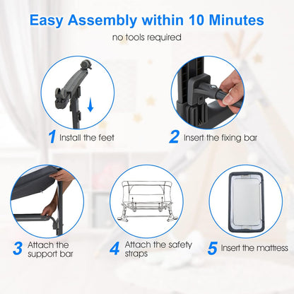 INFANS 3 in 1 Baby Bassinet, Bedside Sleeper for Newborn, Folding Crib with Mattress, Travel Bag, Wheels, 4-Sided Mesh, Easy to Assemble Cradle Co Sleeper Stationary, Rock (Dark Grey)