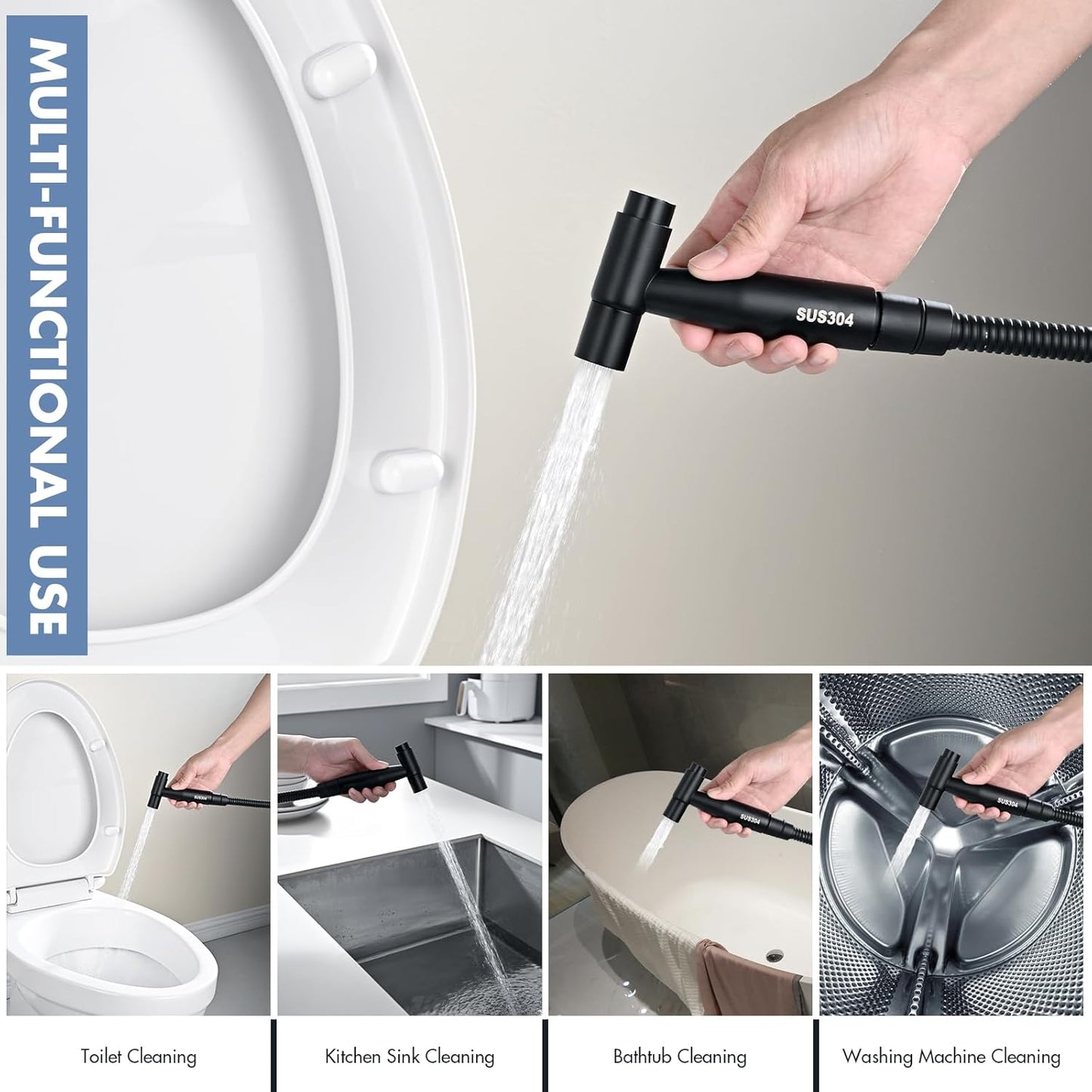 Handheld Bidet Sprayer for Toilet, Premium Stainless Steel Bathroom Bidet Sprayer Set with One-Click Start & Powerful Pressure, Baby Cloth Diaper Sprayer with Complete Accessories - Matte Black