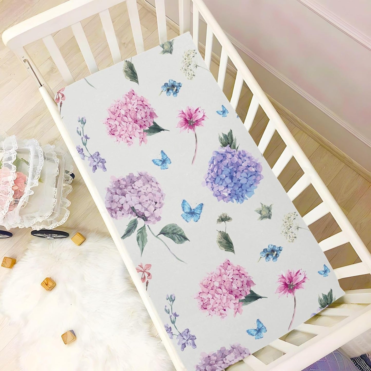 Fitted Crib Sheets White Bears with Clouds Stretchy Portable Playard Sheets for Baby Toddler, Breathable Soft Mini Crib Mattress 39 x 27 in for Boys and Girls