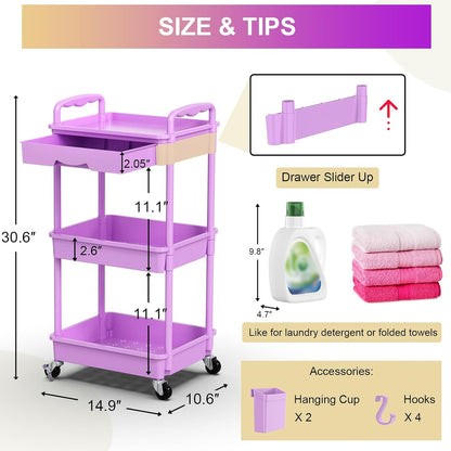 Goovilla 3 Tier Rolling Utility Cart Organizer with Removable Drawer, Stable and Sturdy White Rolling Storage Carts with 2 Lockable Wheels for Bathroom, Kitchen, Snack, Craft, Makeup, Baby Essentials