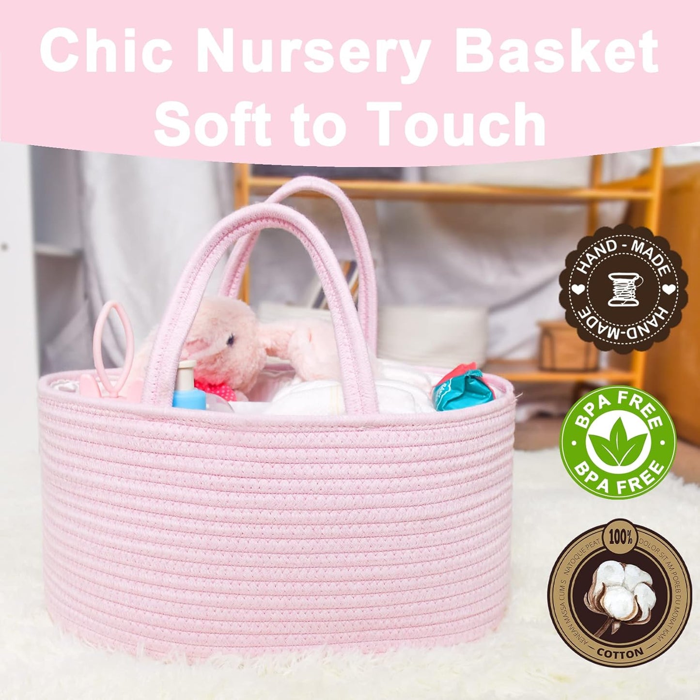 ABenkle Diaper Caddy Organizer - Cotton Rope Nursery Storage Basket for Baby Essentials, Boys & Girls Shower Gift, Changing Table Organizer, Pink