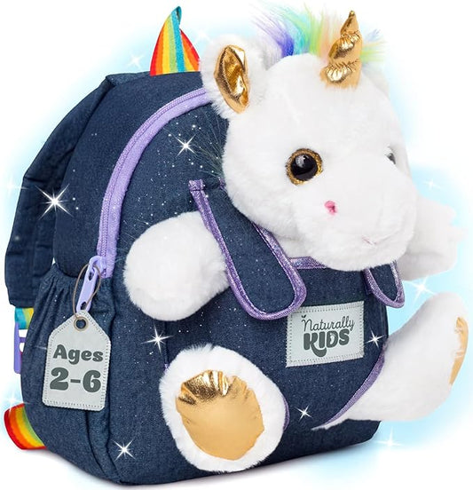 Naturally KIDS 【Upgraded】 Toddler Backpack w Removable Unicorn Toy for Girls Age 2-6 | Side & Inner Pockets, Reflective Logo, Name Tag, Sparkly Denim | Cute Christmas Gifts
