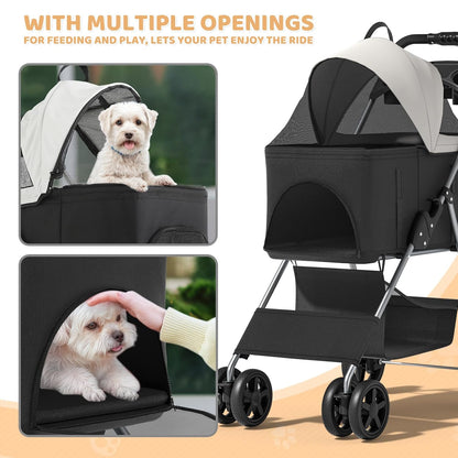 Magshion Compact Pet Stroller for Small-Medium Dogs/Cats up to 22lbs, 4-Wheel Lightweight Umbrella Shaped Portable Puppy Travel Jogger with Breathable Mesh, Cup Holder & Rear Storage, Black
