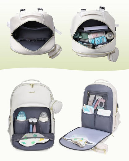 LOVEVOOK Leather Diaper Bag Backpack, Quilted Baby Bag with Changing Pad & Pacifier Holder, Waterproof Travel Diaper Bags for Baby Boys Girls, Stylish and Large Capacity, Beige