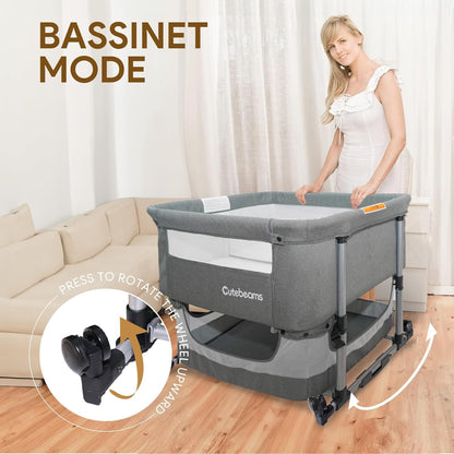 Twin Bassinet for 2 Babies, 3 in 1 Bedside Co Sleeper Double Bassinet for Twins, Rocking Bassinet for Baby with Wheels and Storage Basket, Includes Mattress (Grey)